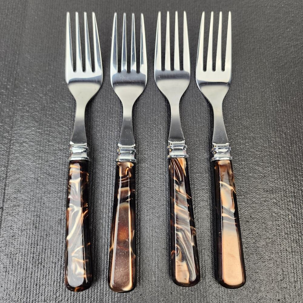 4 MIKASA Tortoise Handle Flatware Brown Acrylic Handle Desert Salad Forks 7"